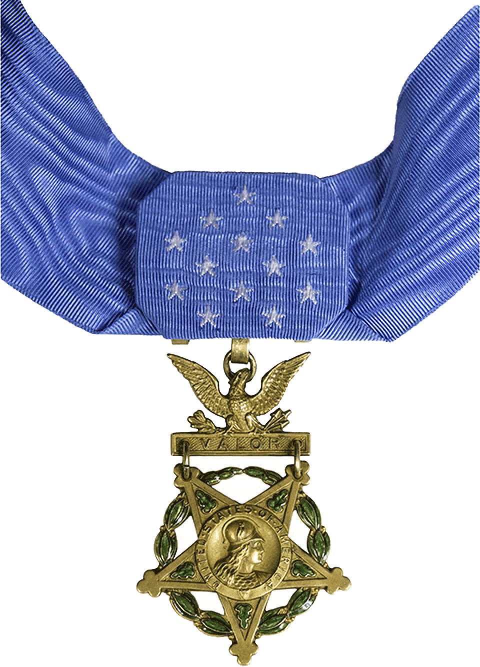 Medal of Honir on blue ribbon.