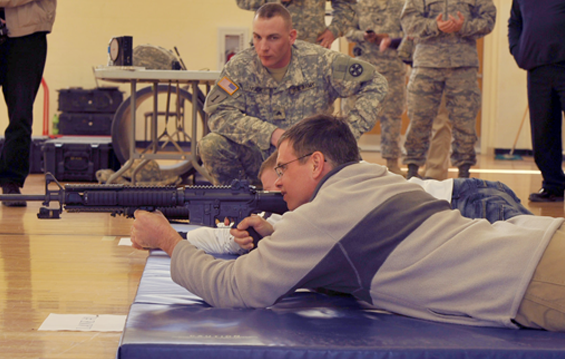 Employers experienced hands-on training similar to what Soldiers go through, such as the Beamhit (pictured) M16 rifle Laser Marksmanship Training System. 