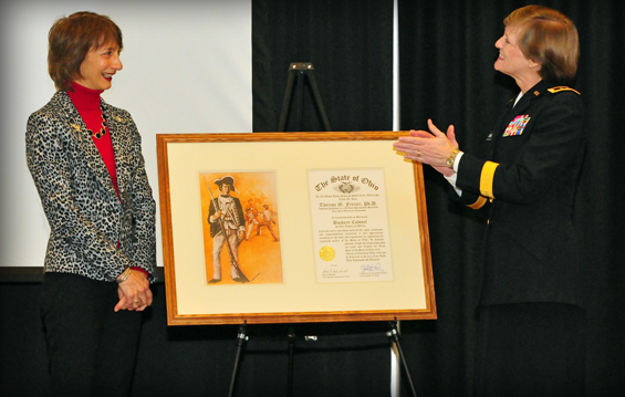 Maj. Gen. Deborah A. Ashenhurst (right), Ohio adjutant general, congratulates Dr. Theresa Ferrari 