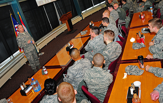 Chief Master Sgt. James W. Hotaling, command chief master sergeant of the Air National Guard, visits with members of the 178th Fighter Wing