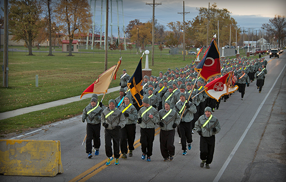 Brig. Gen. John C. Harris Jr., Ohio assistant adjutant general for Army, leads a formation of Ohio Army National Guard commanders, command sergeants major, first sergeants and senior staff members during a motivational run.