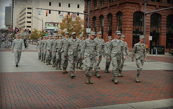 Members of the Ohio Air National Guard march in formation during the Columbus Veterans Day Parade.