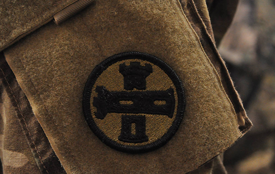 The shoulder sleeve insignia of the Ohio Army National Guard’s 16th Engineer Brigade adorns the left arm of a Soldier from the 1194th Engineer Company.
