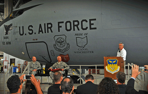 Canal Winchester Mayor Michael Ebert  speaks at the podium during the dedication ceremony for the 121st KC-135 Stratonaker “Spirit of Canal Winchester".