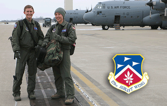 Senior Airmen Maria Daulton and Carolyn Kinzel, a loadmaster crew with the 179th Airlift Wing’s 164th Airlift Squadron.