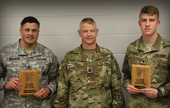 Staff Sgt. Nathan McKenzie (left) and Spc. Tyson Montgomery (right) stand with Ohio Army National Guard State Command Sgt. Maj. Rodger M. Jones after winning the 2017 Best Warrior Competition.