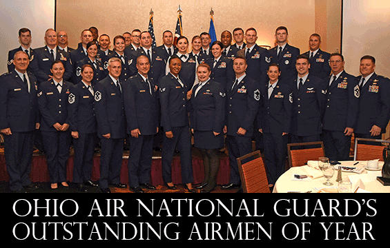 Group photo of Airmen of the Year recipients, senior leaders and attendants at honor banquet.
