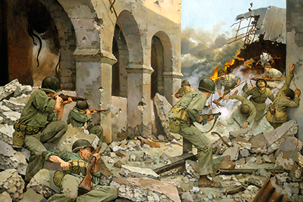 Painting depicting nearly a month after that they fought street to street, building to building and room to room with fanatical Japanese making a last stand in the city of Manila.