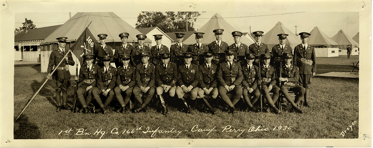 This photo is of Headquarters Company, 1st Battalion, 166th Infantry, Camp Perry, Ohio, 1935.