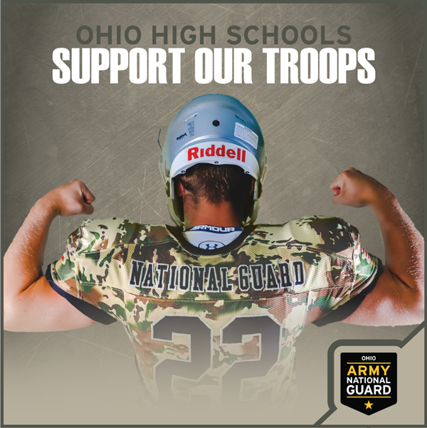 Football player in National GUard camo jersey. Add reads Support our Troops.