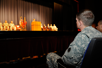 Soldiers of Headquarters, 37th Infantry Brigade Combat Team listen to Maj. Gen. Deborah A. Ashenhurst, Ohio adjutant general, during their call to duty ceremony.