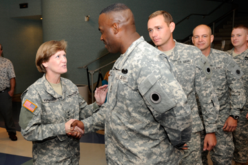 Maj. Gen. Deborah A. Ashenhurst, Ohio adjutant general, gives her best wishes to Master Sgt. Romel Hanna.