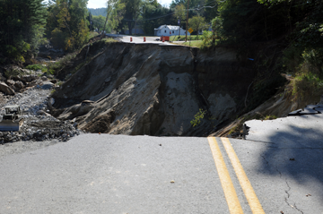 The Ohio National Guard is working to fix this 65-foot-deep highway washout that followed Hurricane Irene in Vermont, seen here Sept. 12, 2011. Ohio has been supporting the Vermont National Guard's Joint Task Force Green Mountain Spirit under a state Emergency Management Assistance Compact. 