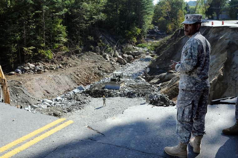 The Ohio National Guard is working to fix this 65-foot-deep highway washout that followed Tropical Storm Irene in Vermont, seen here Sept. 12, 2011. Ohio has been supporting the Vermont National Guard's Joint Task Force Green Mountain Spirit under a state Emergency Management Assistance Compact. (National Guard Bureau photo by Staff Sgt. Jim Greenhill)