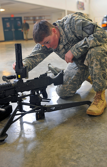 Staff Sgt. Nicole K. Wright performs preventative maintenance checks and services on a M240B machine gun