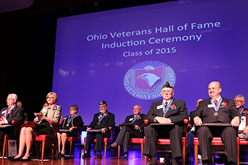 Ohio Veterans Hall of Fame honorees and family members receiving awards on behalf of an honoree.