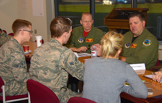 Chief Master Sgt. Curt Rodgers (right), of the 178th Operations Group, discusses issues with junior Airmen during a reverse mentoring event.