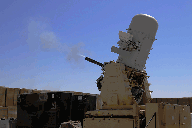 The Land-Based Phalanx Counter-Rocket, Artillery, Mortar (C-RAM) weapon system.