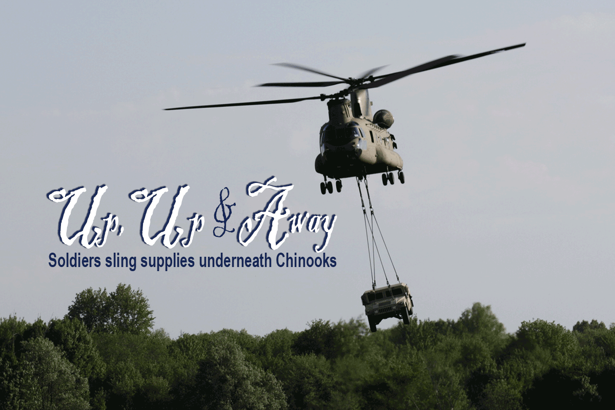 An Ohio Army National Guard CH-47 Chinook helicopter airlifts a Humvee.