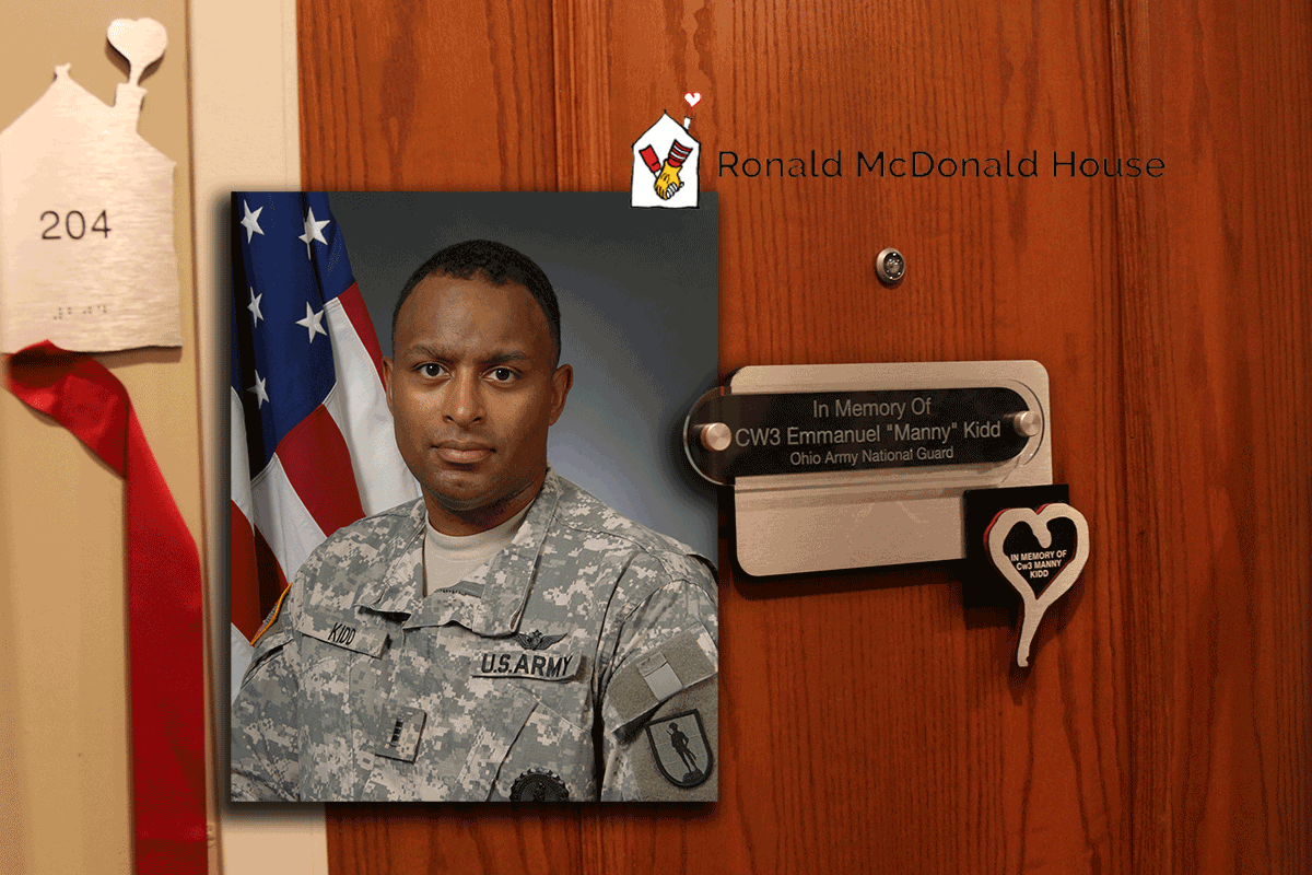 Collage of door to room 204 with dedication plaque and photo of Chief Warrant Officer 3 Emmanuel Kidd and Ronald McDonald House logo..
