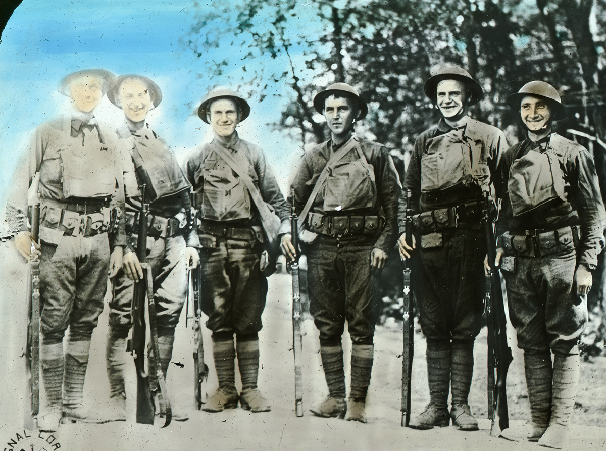 Black and white colorized photo of Soldiers