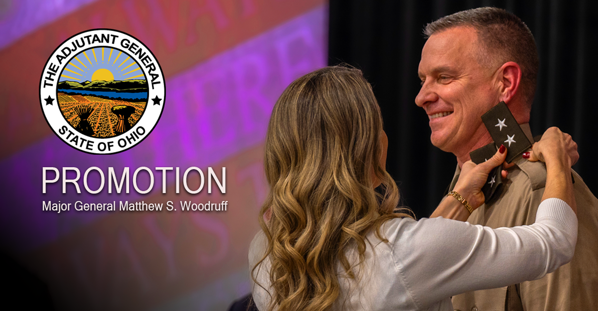 Graphic of Maj. Gen. Woodruff getting promoted with The Adjutant General seal