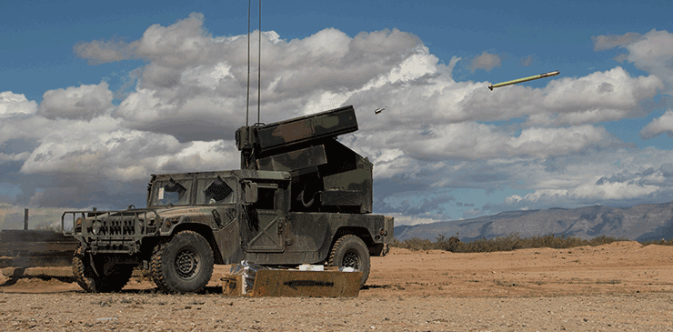 Missle launched in desert from an Avenger Weapon System.