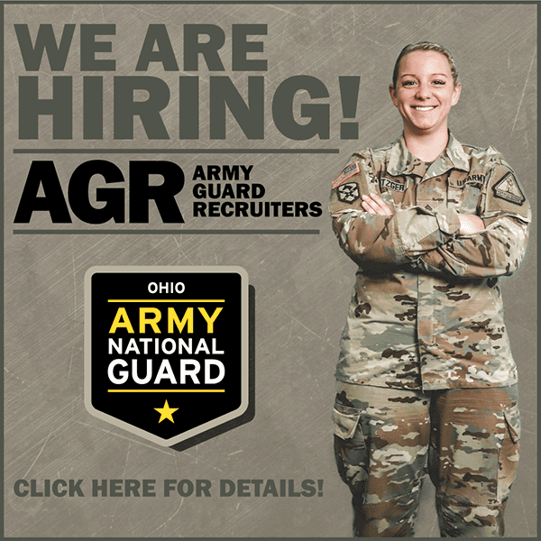 Ad of female Soldier standing. reads: WE ARE HIRING! Army Guard Recruiters.