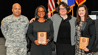 Maj. Gen. John C. Harris, Jr., (left), Ohio assistant adjutant general for Army, thanks panel discussion participants following “Weaving the Stories of Women’s Lives” March 22, 2017, at the Maj. Gen. Robert S. Beightler Armory in Columbus, Ohio. The discussion, part of the Ohio National Guard Leadership Development Series and in conjunction with Women’s History Month, focused on why diversity and inclusion matter not only in the workplace, but in our daily lives. 