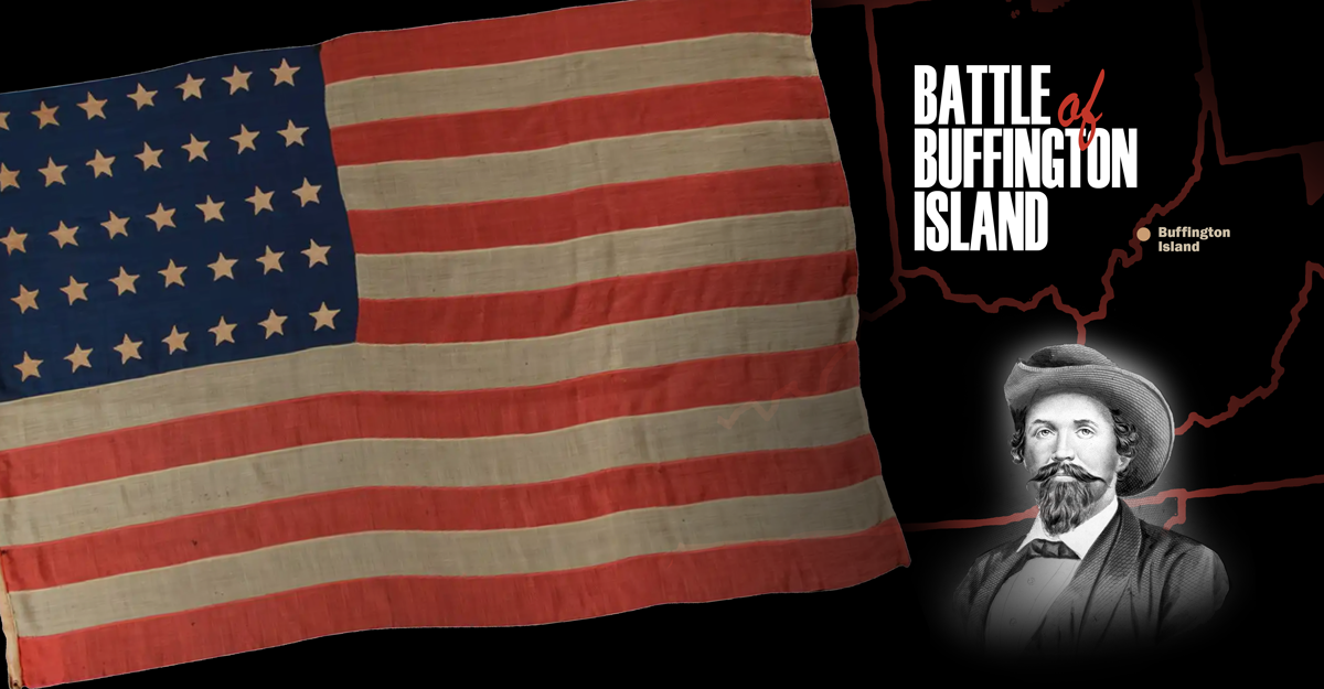 35-star flag with map of Bluffington Island and portrait of Confederate BG John Hunt Morgan superimposed.