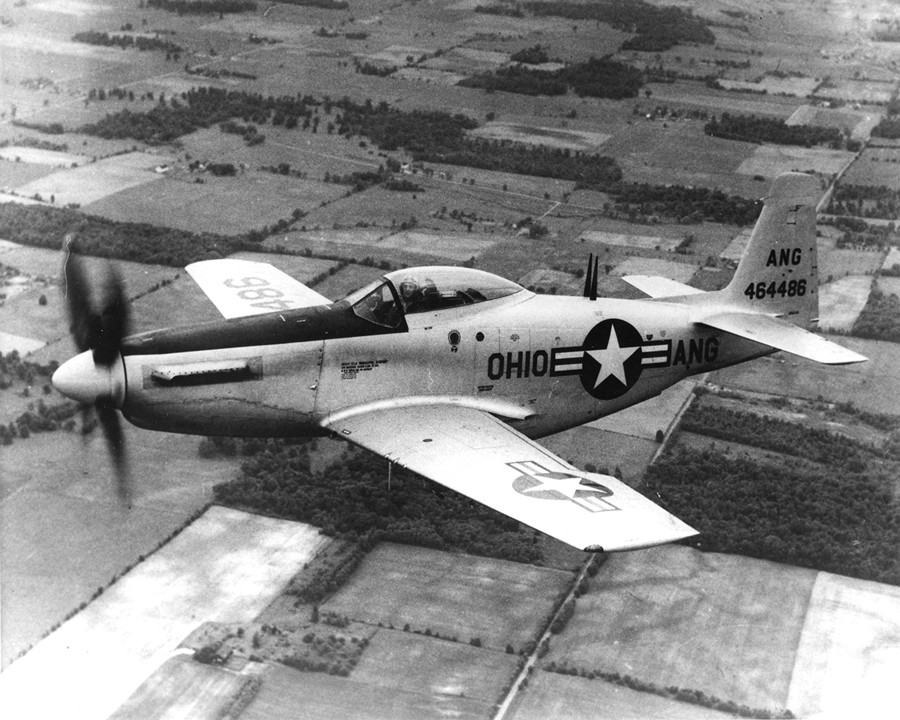 Black and white photo of F-51 Mustang in air.