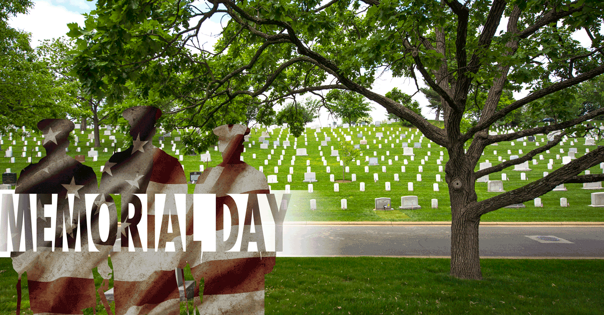 Graphic with silhouette of veterans overlooking cemetary.