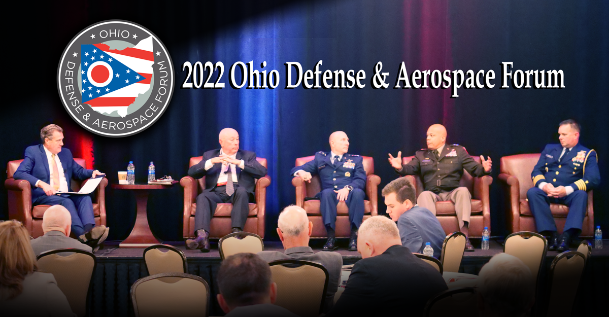 Men sitting on stage with Ohio Defense and Aerospace Forum logo super-imposed.