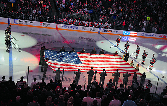 During Military Appreciation Night on Nov. 9, 2013, at Nationwide Arena in Columbus, Ohio, the Columbus Blue Jackets pay tribute to service members and veterans during Military Appreciation Night, as part of their game with the New York Islanders. 