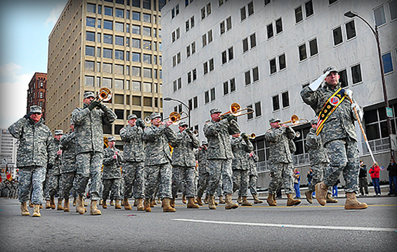 Members of the Ohio National Guard's 122nd Army Band play during the annual City of Columbus Veterans Day parade 