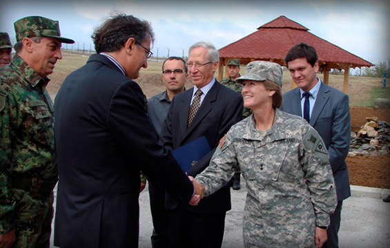 Maj. Gen. Deborah A. Ashenhurst (second from right), Ohio adjutant general, flanked by U.S. Ambassador to Serbia Michael Kirby (third from right), meets new Serbian Defense Minister Nebojsa Rodic (fifth from right). In September, Ashenhurst and an Ohio National Guard delegation visited South Base in southern Serbia.