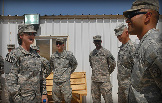 Maj. Gen. Deborah A. Ashenhurst (left), Ohio adjutant general, and Command Sgt. Maj. Rodger M. Jones (second from right), Ohio Army National Guard state command sergeant major, visit with Soldiers from the 371st Sustainment Brigade currently deployed to Kuwait in support of Operation Enduring Freedom.