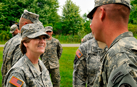Maj. Gen. Deborah Ashenhurst (left), Ohio adjutant general, visits with Soldiers of the 112th Transportation Battalion.