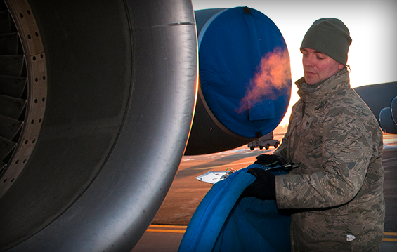 Staff Sgt. Christopher Biery, a crew chief with the 121st Air Refueling Wing, located at Rickenbacker Air National Guard Base in Columbus, Ohio, removes the engine cover from a KC-135 Stratotanker