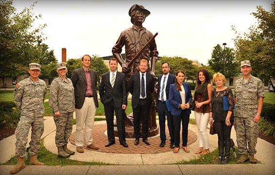 1st Lt. Sam Atkins (from left), Ohio National Guard (ONG) Public Affairs Officer, Maj. Nicole Ashcroft, ONG Public Affairs Director and (far right) Maj. Dan Roche, ONG Government Affairs Officer, briefed guests participating in the U.S. Department of State - International Visitor Leadership Program.