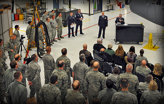 Chief Master Sgt. Robert C. Dotson is the Master of Ceremony as 179th Airlift Wing members gathered at a Chief Pinning ceremony for Chief Master Sgt. Ralph Chandler.