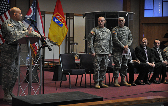 Maj. Gen. John C. Harris Jr. (from left), Ohio assistant adjutant general for Army, introduces the command team of Col. Larry Pinkerton and Command Sgt. Maj. Robert Keiser II that will lead Task Force Luzon on its mission in support of Operation Noble Eagle, protecting the National Capital Region.