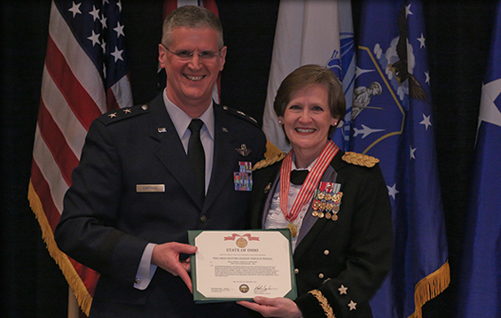 Maj. Gen. Mark E. Bartman (left), Ohio's 82nd adjutant general, presents the Ohio Distinguished Service Medal to Maj. Gen. Deborah A. Ashenhurst, Ohio's 81st adjutant general.