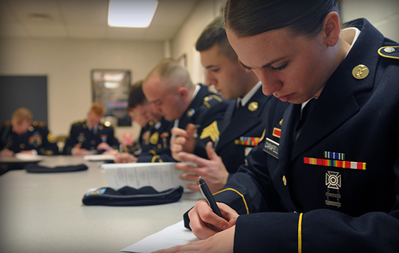Soldiers take a written exam during the Ohio Army National Guard Best Warrior Competition.