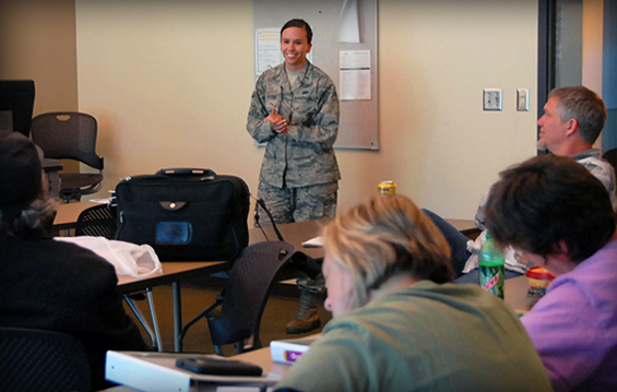 Second Lt. Randi Luster, 178th Wing Communications Flight director of operations, teaches Springfield, Ohio residents effective meeting facilitation skills.