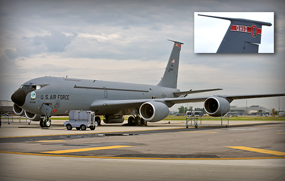 A KC-135 Stratotanker, belonging to the 121st Air Refueling Wing at Rickenbacker Air National Guard Base in Columbus, Ohio, displ;ays the new artwork, to include a block "O" on the tail flash.