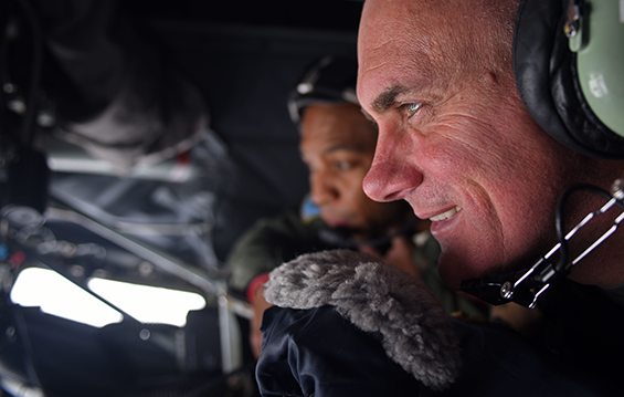 Hungarian army Command Sgt. Maj. István Kriston, the senior enlisted leader in the Hungarian Defence Forces, observes an aerial refueling mission from the “boom pod” of a KC-135R Stratotanker.