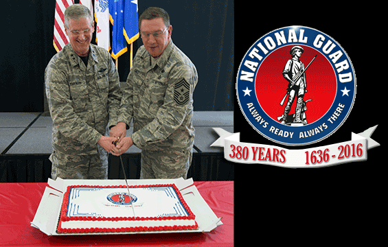 Maj. Gen. Mark E. Bartman (left), Ohio adjutant general, and Chief Master Sgt. Thomas A. Jones (right), incoming state command chief for Air, cut a birthday cake.