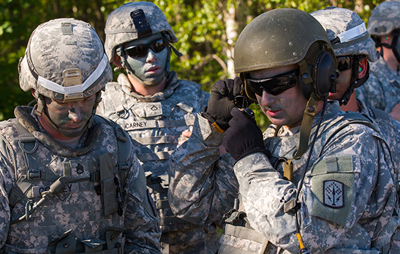Soldiers assigned to the Ohio Army National Guard’s 174th Air Defense Artillery Brigade test a radio frequency.