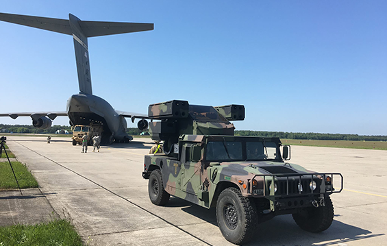 Soldiers of the 1st Battalion, 174th Air Defense Artillery Regiment arrive in Swidwin, Poland to support the active Army’s 173rd Airborne Brigade.